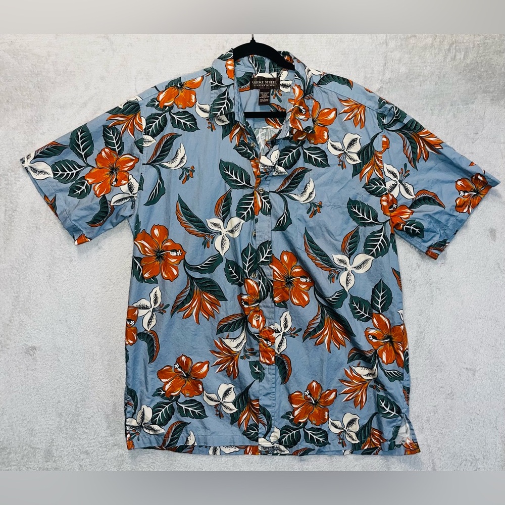COOKE STREET Men’s Size L Blue &‎ Orange Lily Floral Button Up Hawaiian Shirt